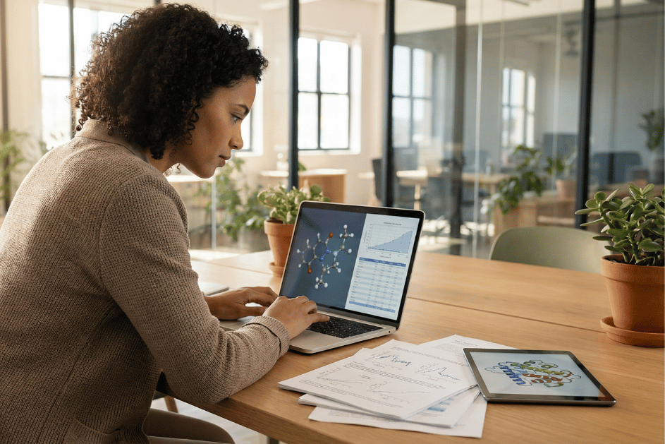 Professional reviewing biotech and pharmaceutical project data in a modern office setting.