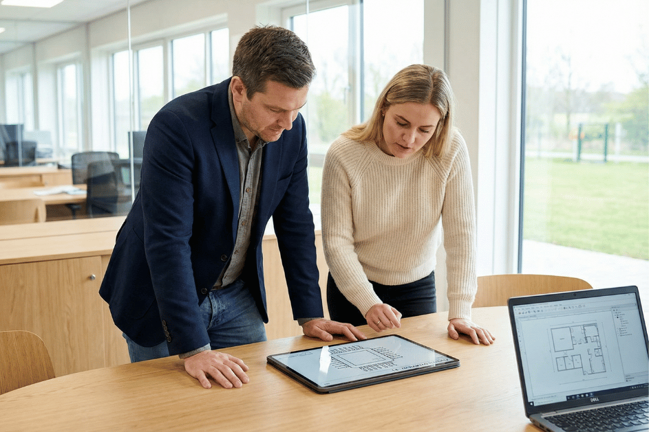 Two engineers reviewing digital design diagrams in a modern, warm office setting.