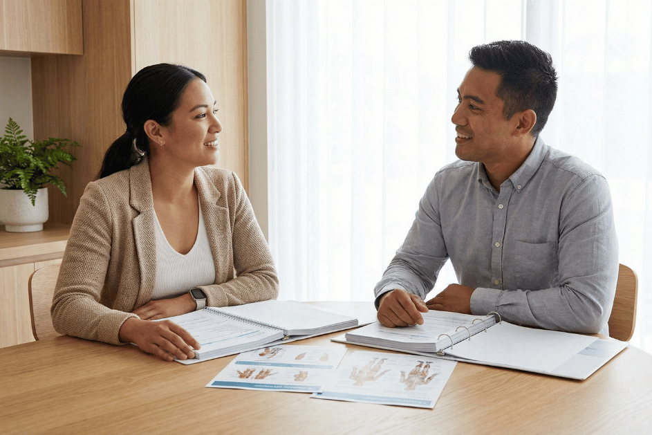 Two healthcare professionals reviewing printed documentation while engaged in conversation in a warm, modern workspace.