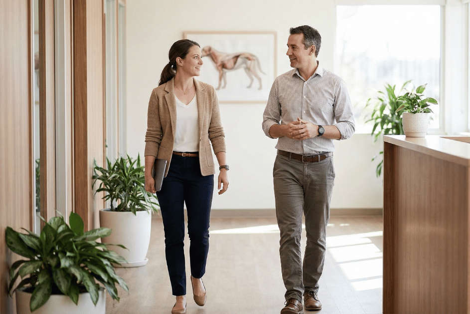 Two veterinary professionals walking through a modern office discussing staffing needs.