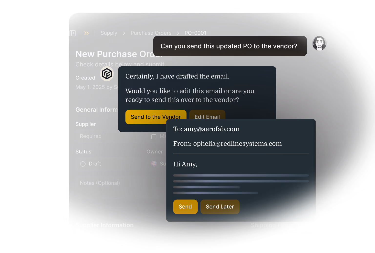 Screen showing a purchase order email draft with options to send or edit before sending to vendor.