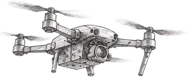 Gray quadcopter drone with camera and four propellers hovering in mid-air.