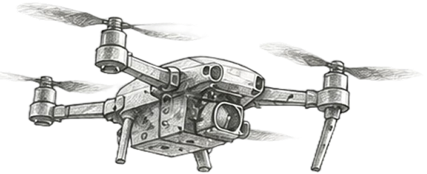 Gray quadcopter drone with camera and four propellers hovering in mid-air.