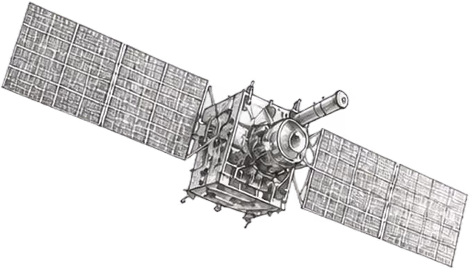 Detailed drawing of a satellite with large solar panels extending from each side.