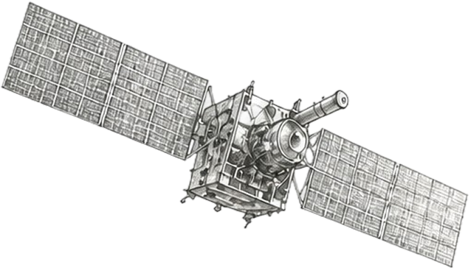 Detailed drawing of a satellite with large solar panels extending from each side.