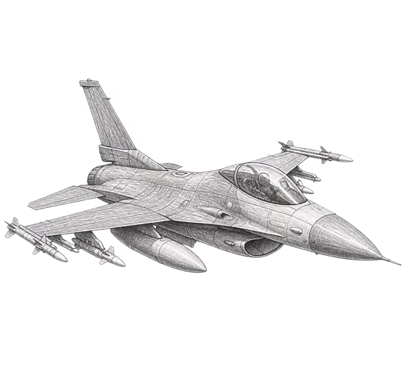 Detailed sketch of a fighter jet armed with missiles and a pilot in the cockpit.