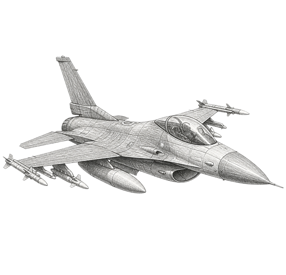 Detailed sketch of a fighter jet armed with missiles and a pilot in the cockpit.