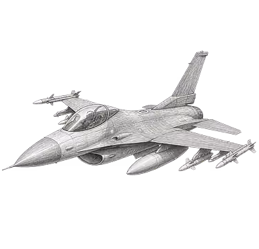 Detailed grayscale sketch of a fighter jet with missiles attached under wings.