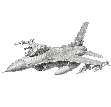 Detailed grayscale sketch of a fighter jet with missiles attached under wings.
