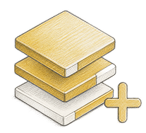 Stack of three square blocks with a plus sign on the right side in a sketch style.
