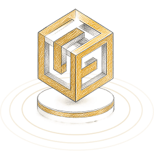 Gold and silver 3D optical illusion cube shape with concentric circular rings below it.