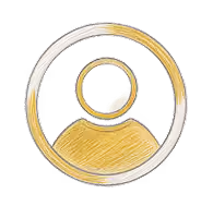 Golden circular user icon with a person silhouette inside a ring on a black background.