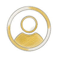 Golden circular user icon with a person silhouette inside a ring on a black background.