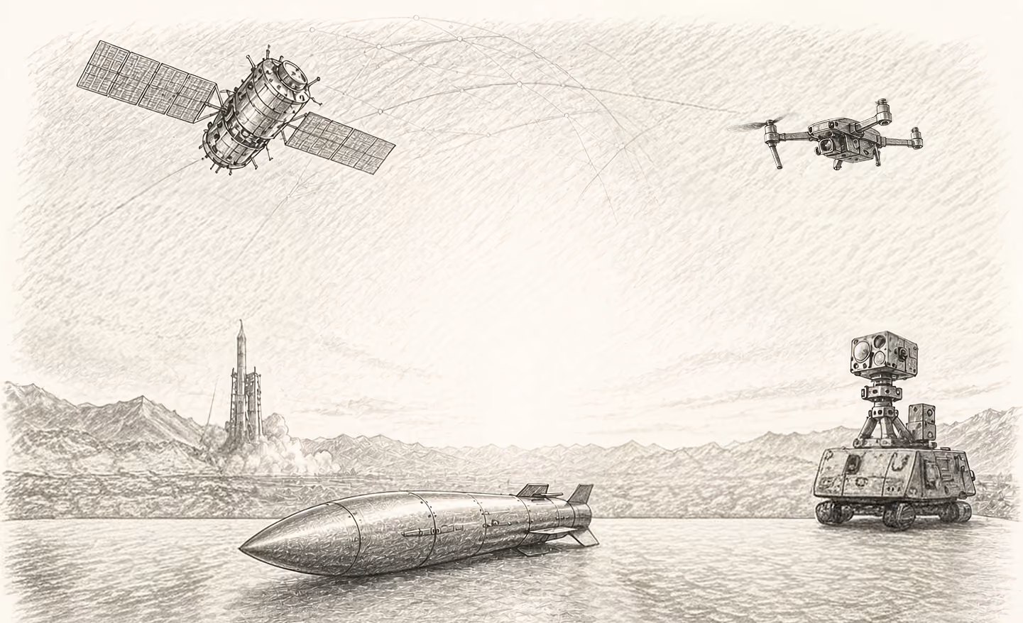 Sketch of a missile on ground, a satellite, a drone, a tracked robot, and a rocket launch in a mountainous landscape.