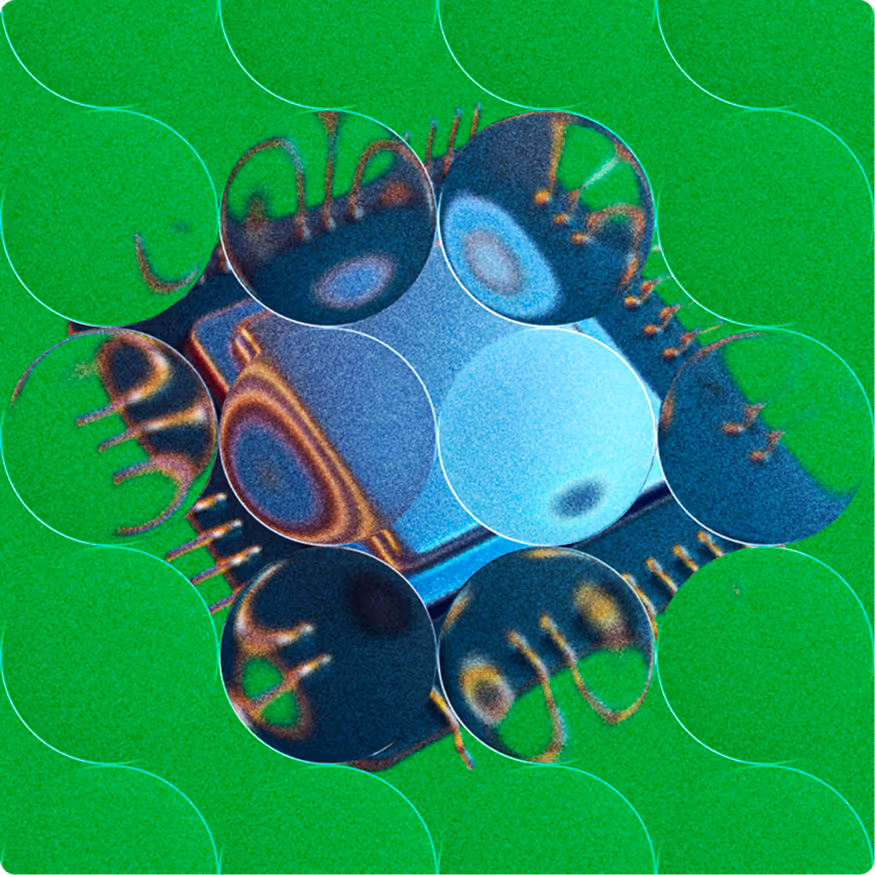 Abstracted design resembling a microchip with green background and glass orb overlay