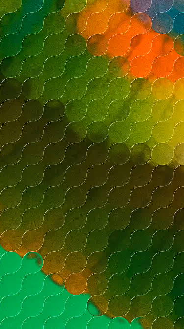 Abstracted bird wing with green, orange, teal shapes and glass orb overlay.