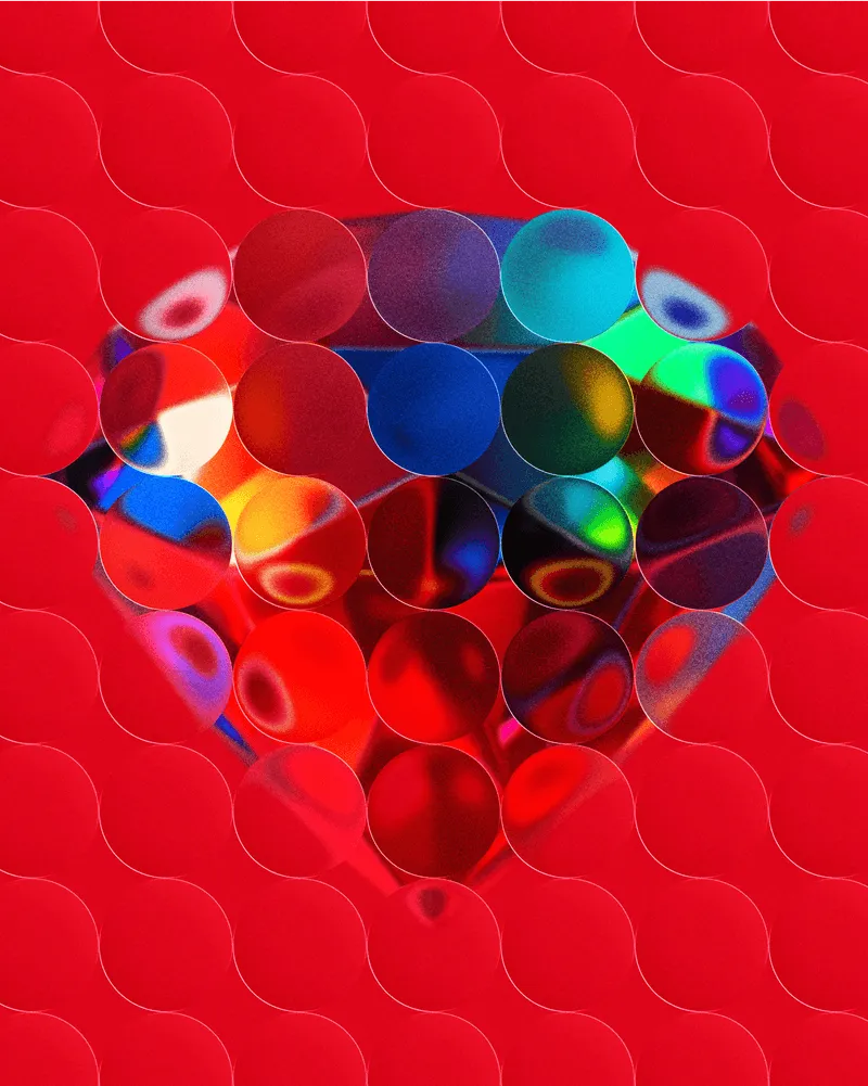 Abstracted multicolored gemstone on red background with glass orb overlay.