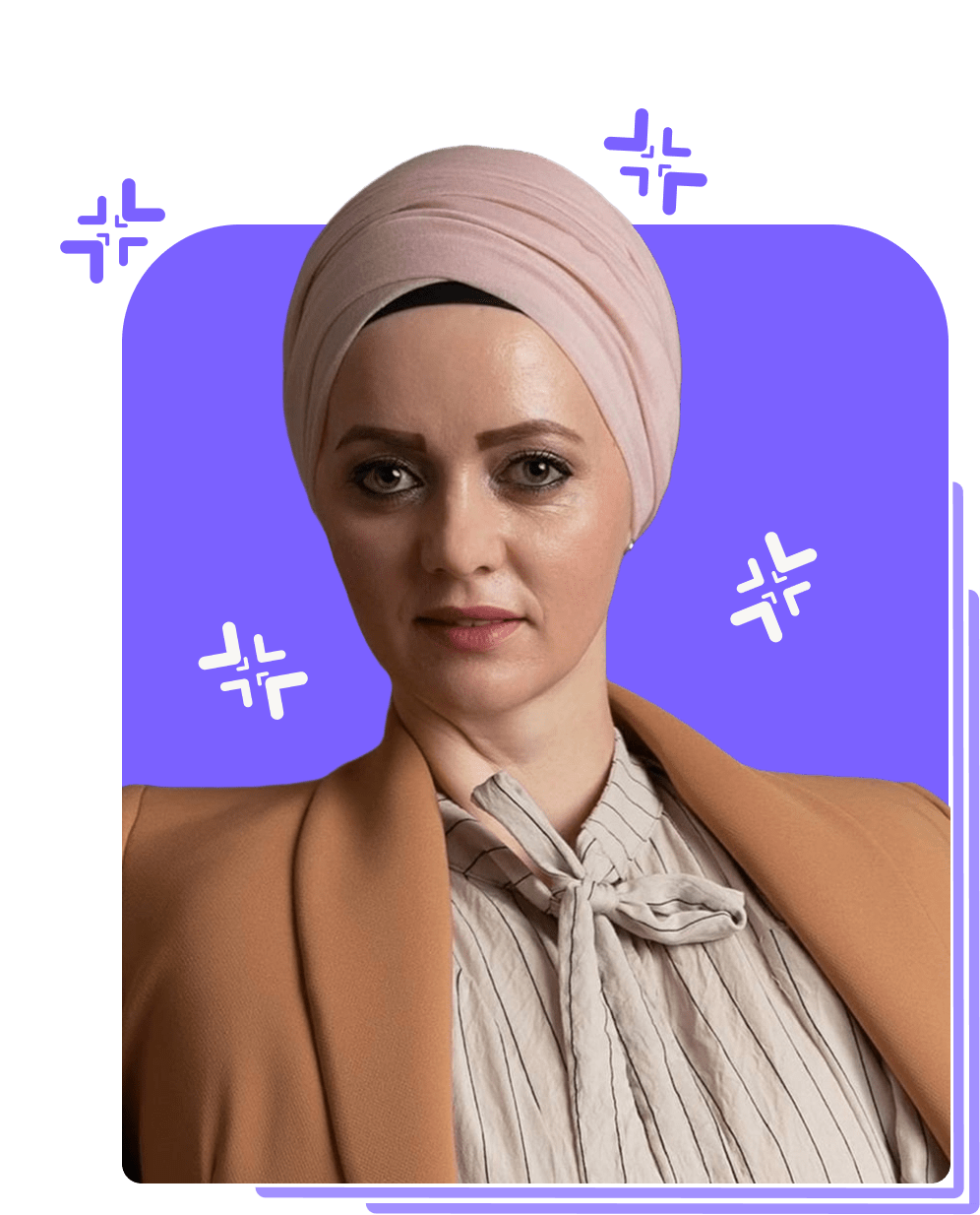 Portrait of a woman wearing a light pink headscarf, beige striped blouse with a bow, and a brown blazer against a purple background with white decorative stars.