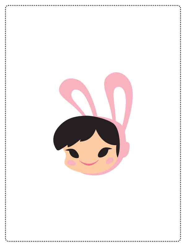 Cartoon face of a smiling child with black hair wearing a pink bunny ears headband.