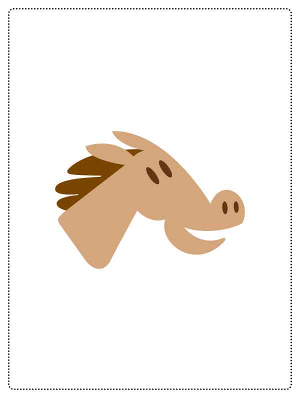 Simplified cartoon head of a smiling brown horse with dark brown mane.