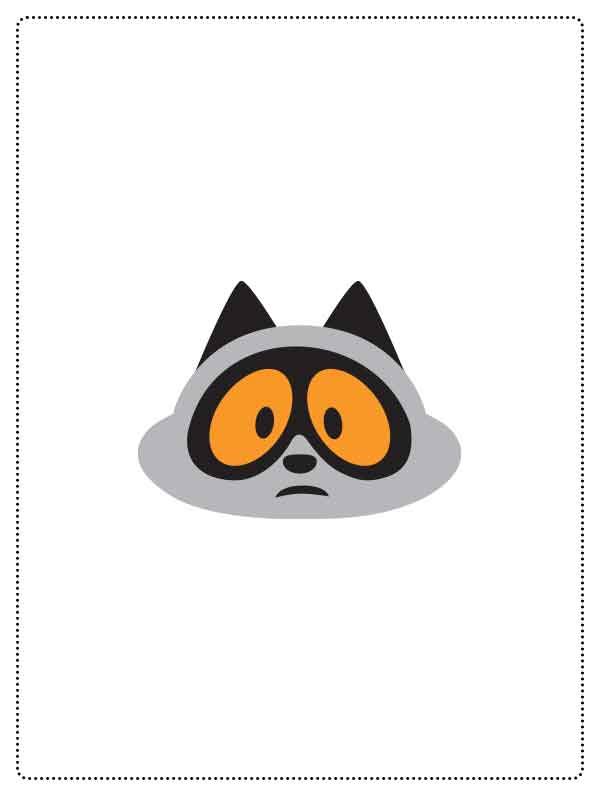 Simplified cartoon face of a raccoon with orange eyes and a neutral expression on a white background.