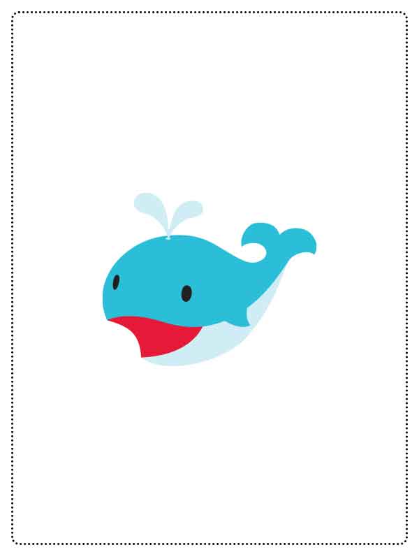Cartoon blue whale with water spout and red mouth on white background.