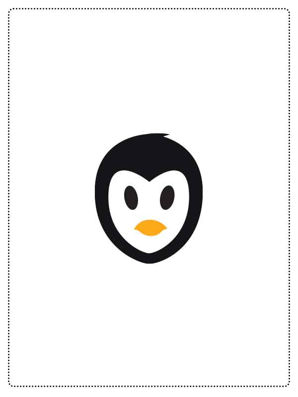 Stylized penguin face icon with black head, white face, and orange beak.