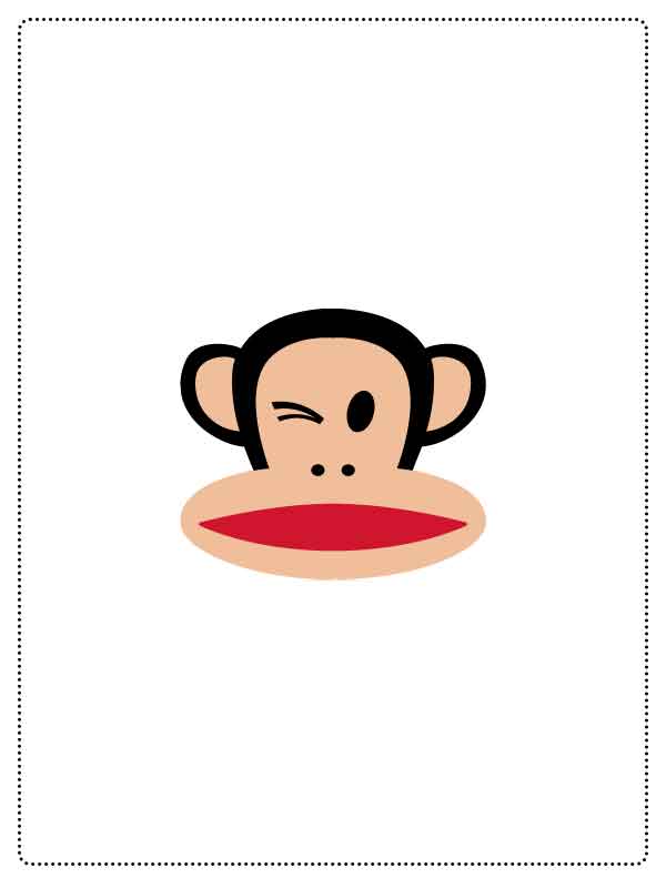 Cartoon monkey face with one eye winking and a large red mouth on a white background.