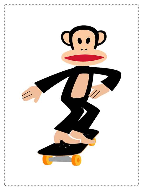 Cartoon monkey riding a skateboard with one foot on the board and arms bent.