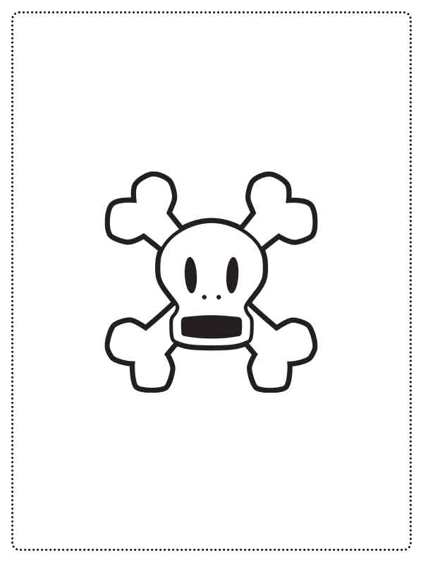 Black-and-white cartoon skull with oval eyes and crossed bones behind it on a white background.