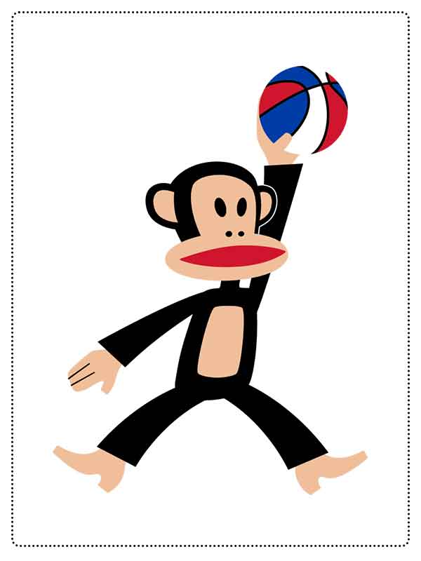 Cartoon monkey holding a red, white, and blue basketball with one hand raised.