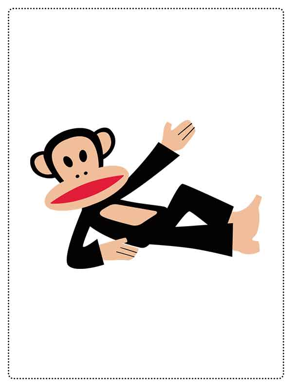 Cartoon monkey lying on its side with one arm raised and smiling.