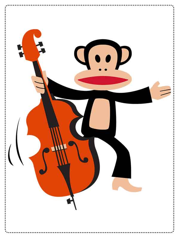 Cartoon monkey playing an orange double bass with one foot raised and arms extended.