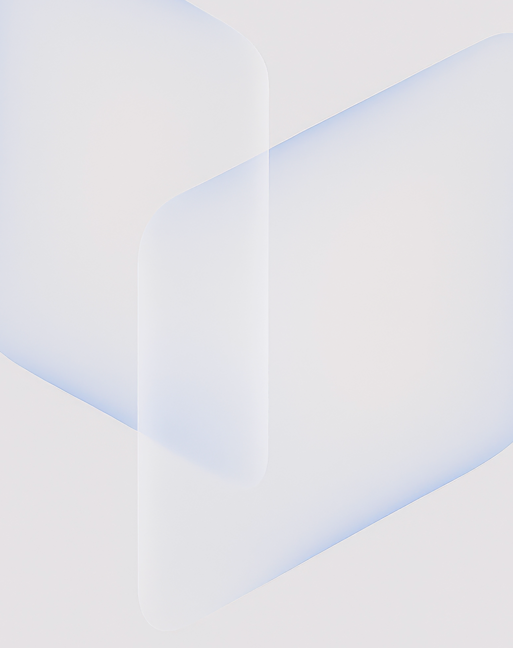 Abstract 3D render of overlapping translucent geometric planes with soft rounded edges, in pale lavender and white tones against a light gray background, creating a subtle glassmorphism effect with gentle blue highlights along the edges.