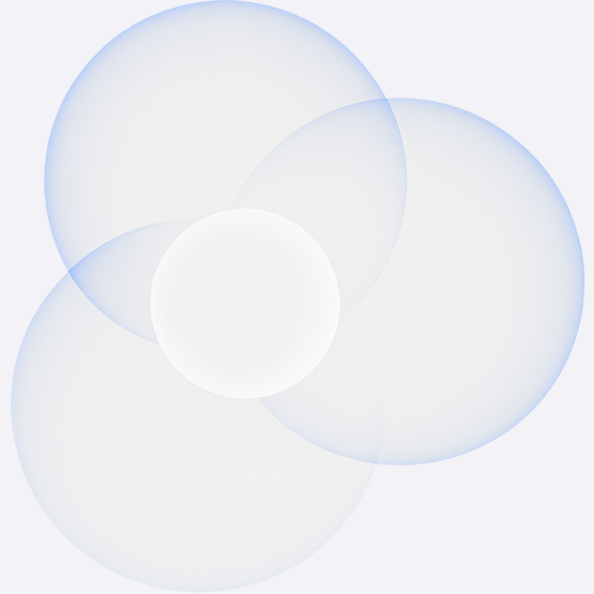 Three overlapping translucent circles in a Venn diagram arrangement with soft lavender-blue edges and a bright white center where all three intersect, set against a pale gray background.