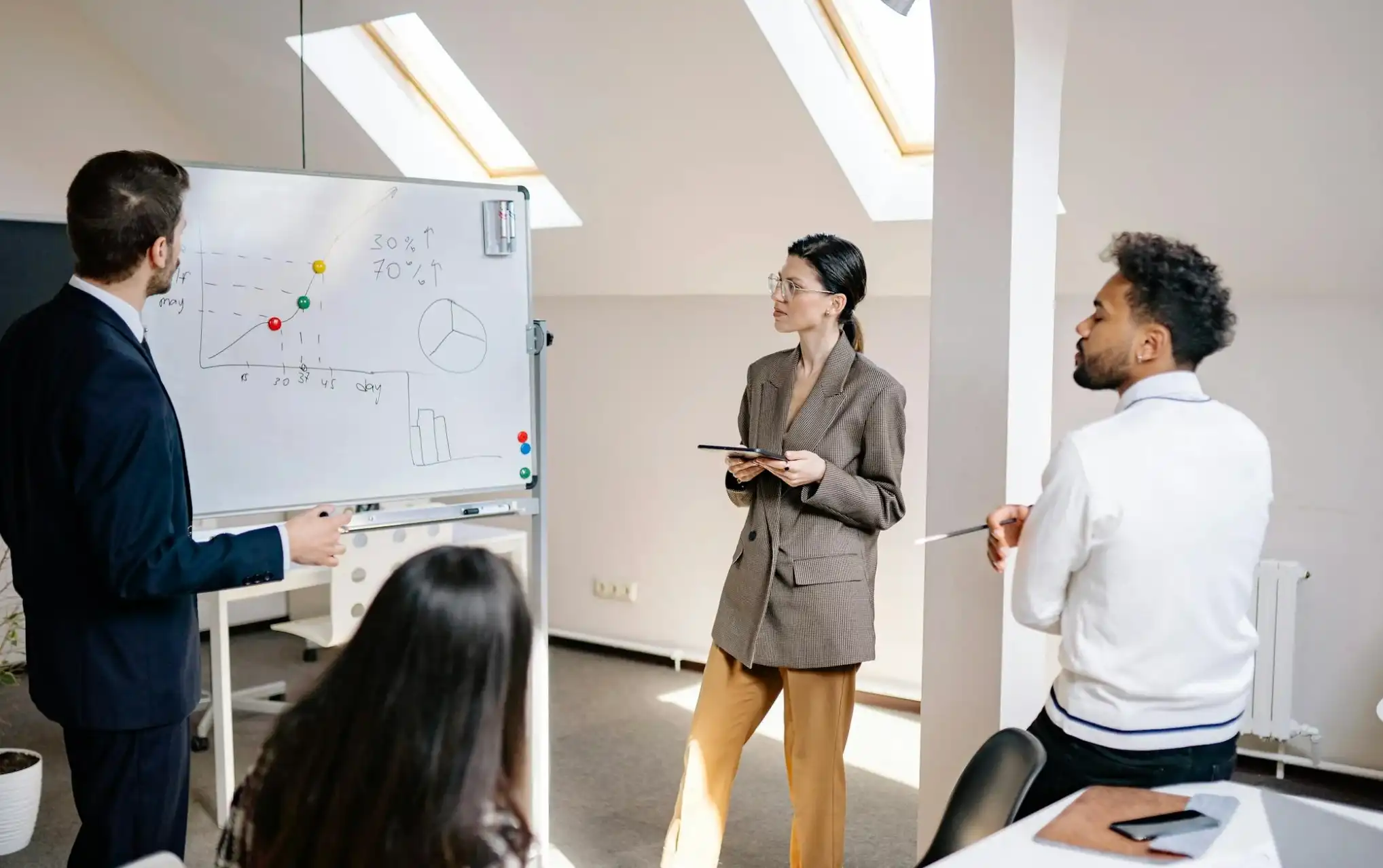 Professionals discussing graphs on white board
