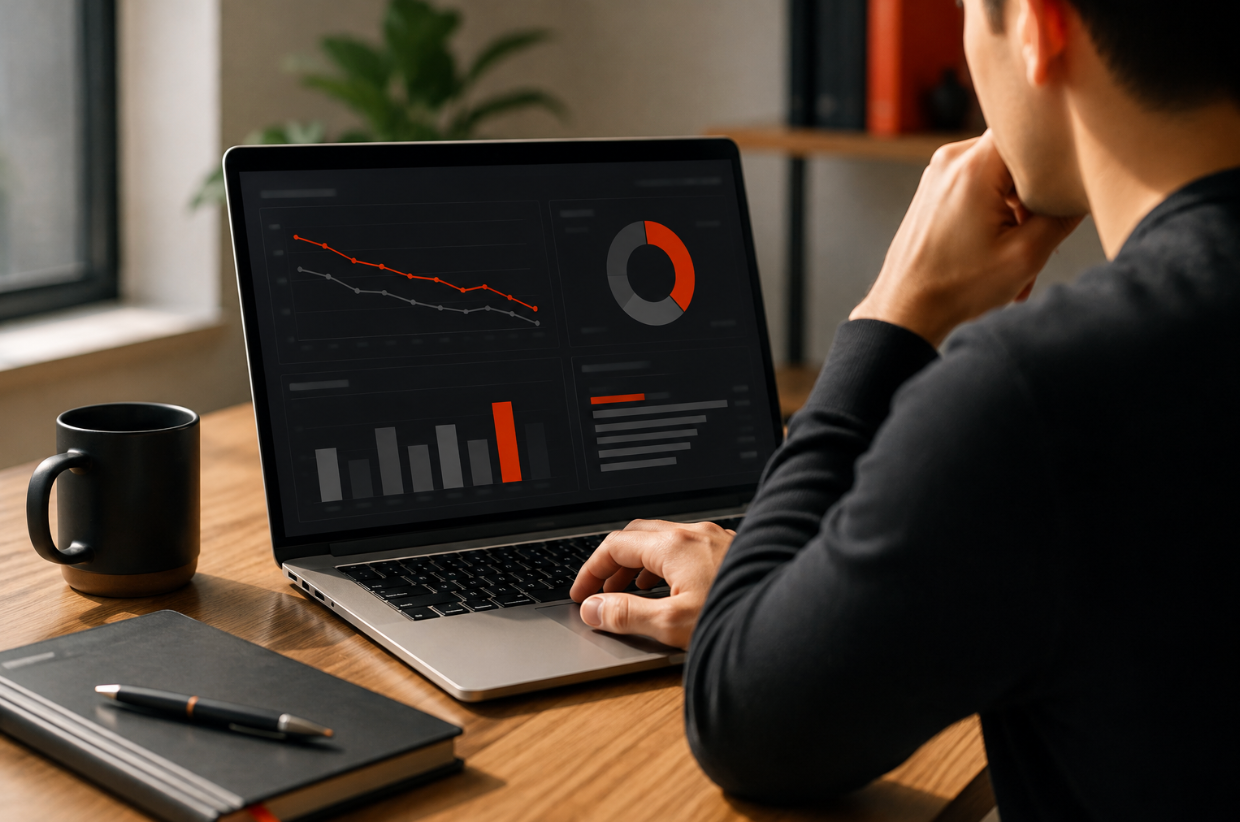 Marketing professional analyzing SEO performance data and website metrics on a laptop dashboard with charts and graphs.