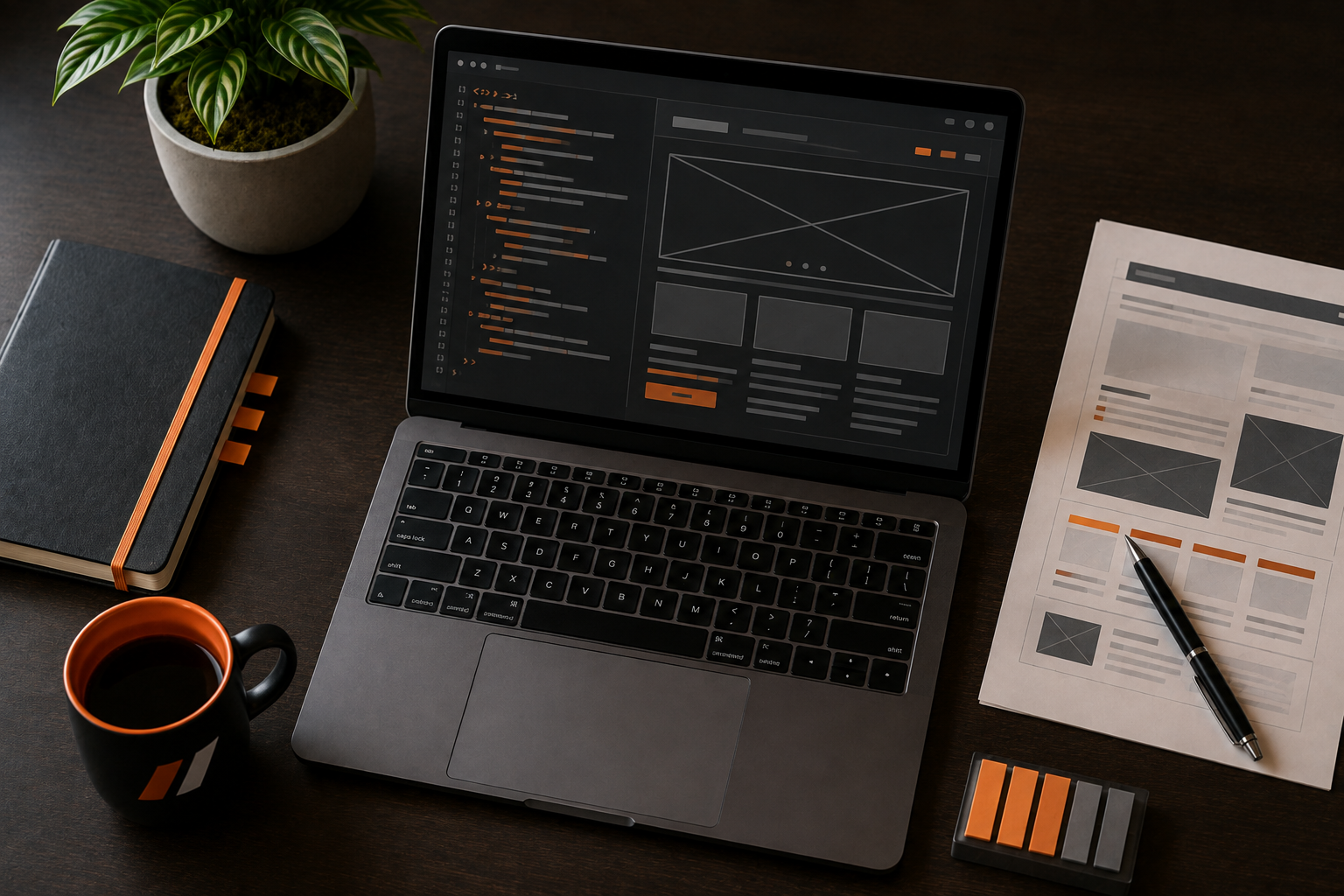 Laptop displaying webpage HTML structure and wireframes for on-page SEO optimization.