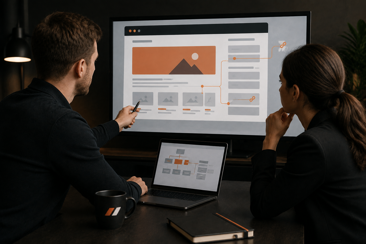 Two SEO specialists reviewing webpage structure, content hierarchy and internal linking on a large screen.