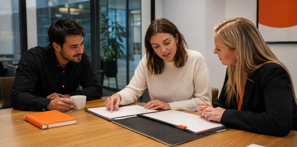 Three SEO professionals reviewing strategy documents together during a collaborative office meeting.