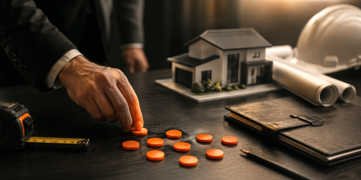 Business professional arranging orange markers beside architectural plans and a model house, representing strategic SEO investment and long-term growth.