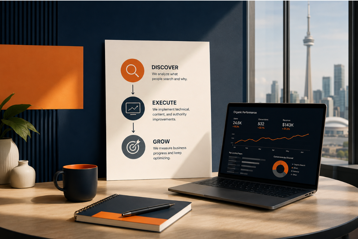 SEO strategy workspace showing a discover, execute and grow process alongside an organic performance dashboard overlooking Toronto.