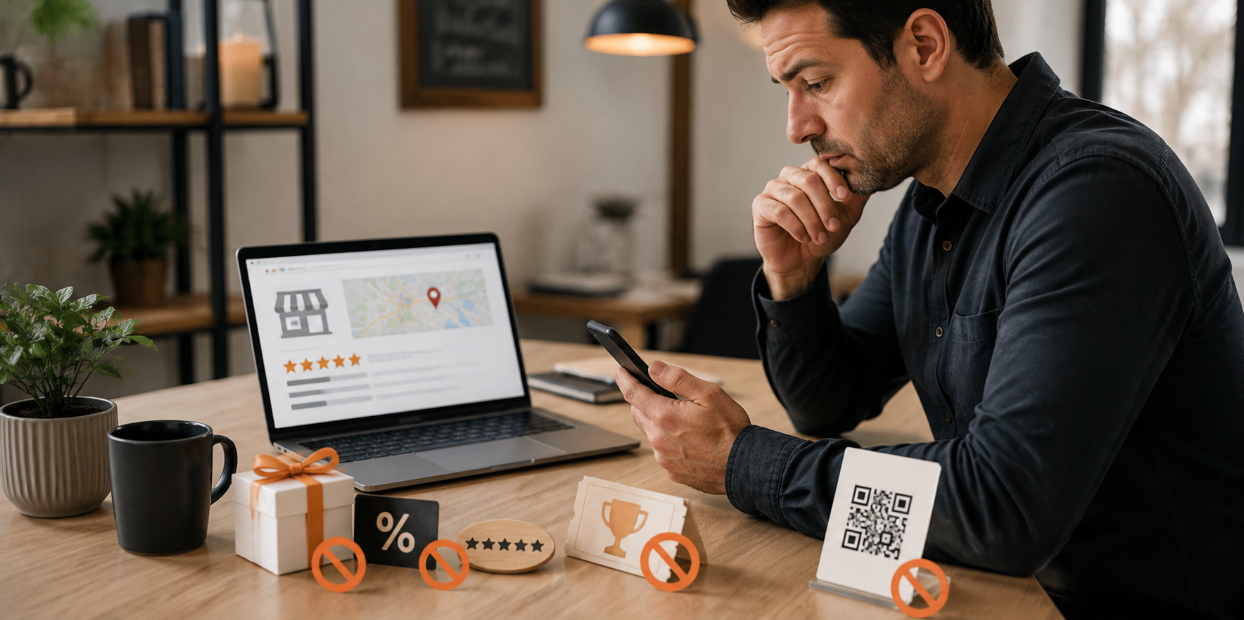 Business owner reviewing a Google Business Profile while prohibited review tactics such as incentives, rating pressure and QR-code manipulation are represented on the desk.
