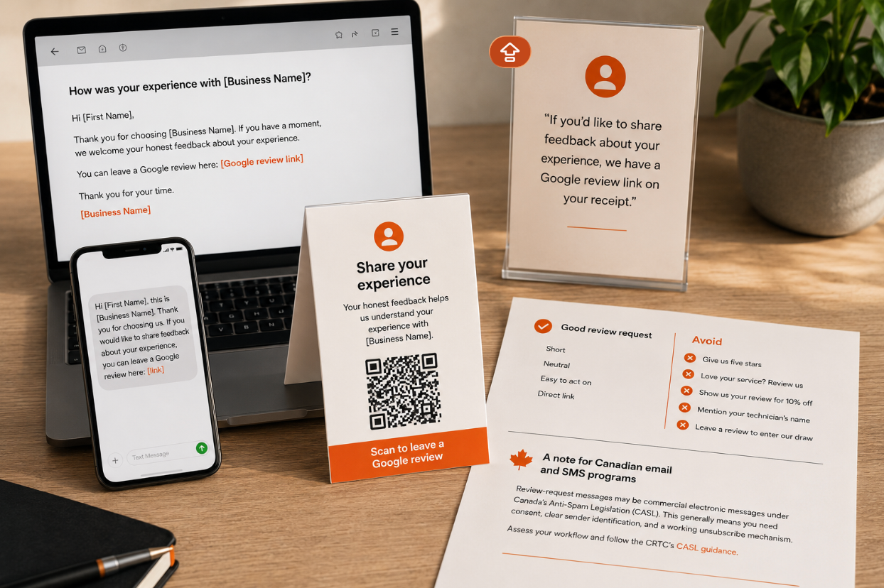 Email, SMS, in-person and QR code Google review request examples displayed across a laptop, phone and printed materials with Canadian compliance guidance.