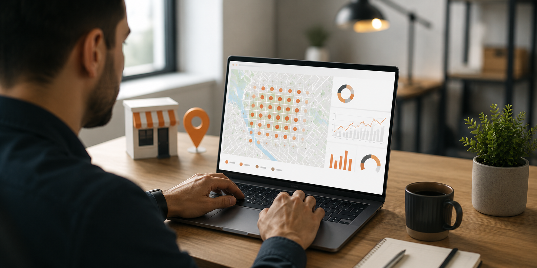 SEO specialist reviewing local search visibility across a city using a geographic ranking grid and performance data.