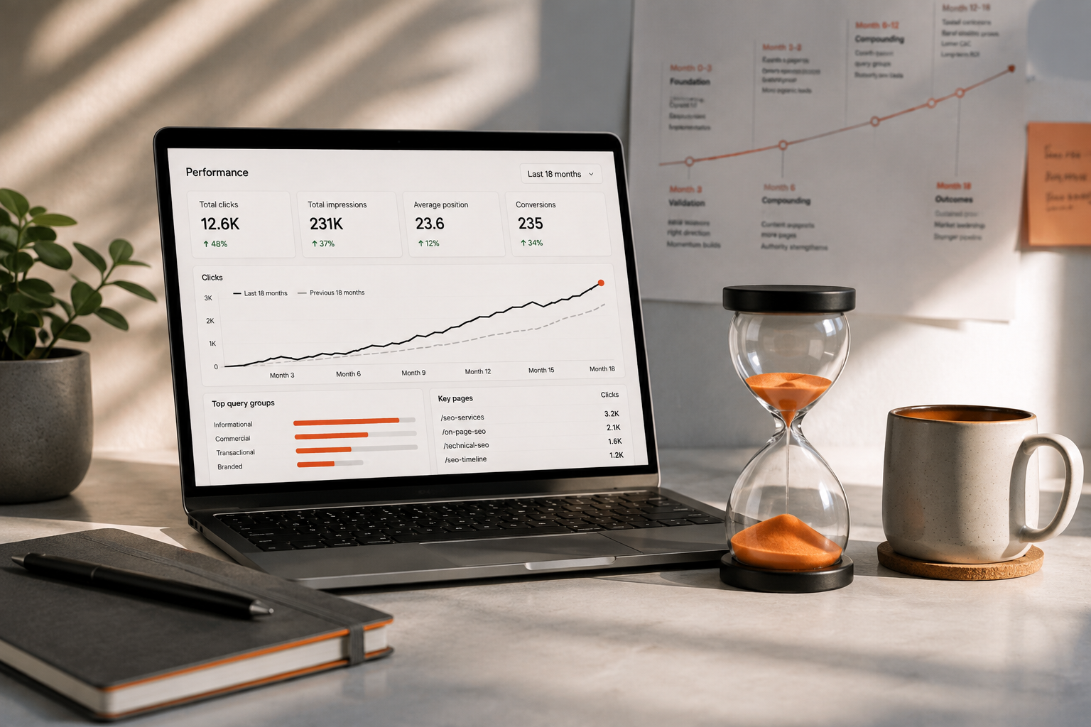 Photorealistic SEO workspace with a laptop, orange hourglass, notebook, coffee mug, and plant representing gradual organic search growth over time.