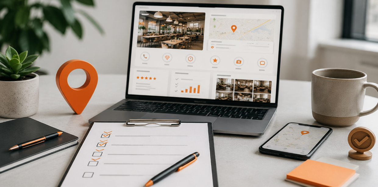 Local SEO workspace showing a Google Business Profile-style listing, map location, reviews, business photos, and an optimization checklist.