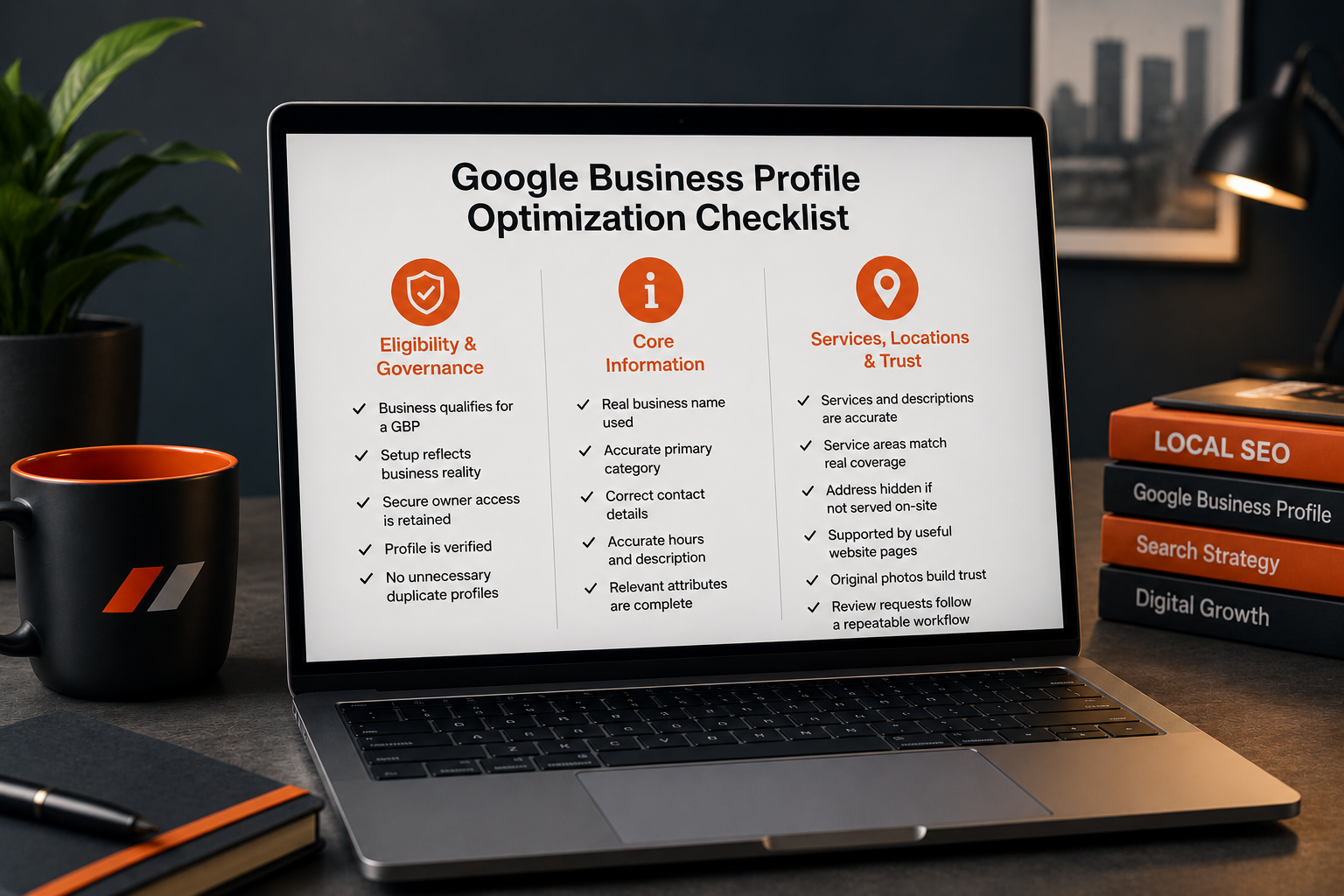 Photorealistic SEO workspace with a laptop, orange hourglass, notebook, coffee mug, and plant representing gradual organic search growth over time.