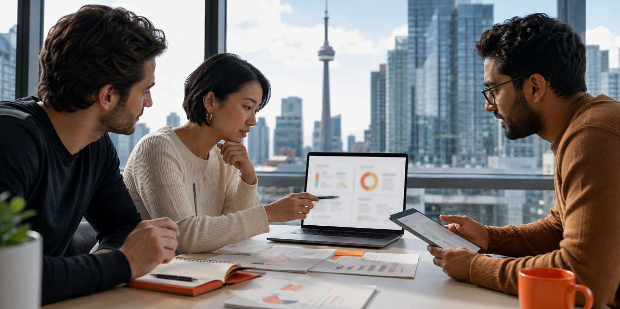 SEO team reviewing search performance data and digital marketing metrics in a Toronto office with the CN Tower in the background.