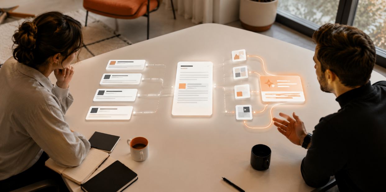 Marketing professionals reviewing a visual workflow showing how content connects with search results, media sources and AI-generated answers.